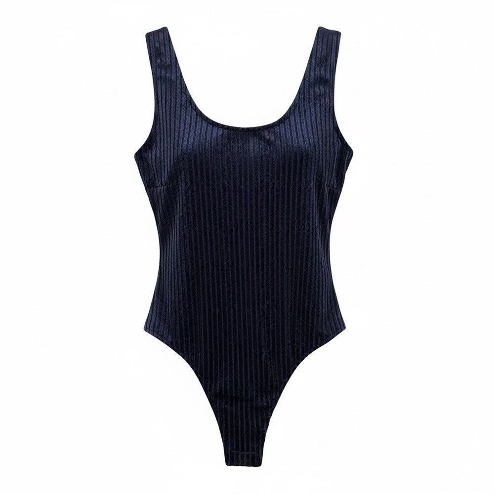 New Free People Bodysuit Navy Blue Ribbed Shimmer Scoop Neck Small Velvet‎